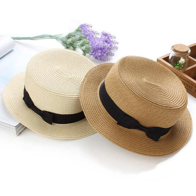 

Vocation Hats for Women Sun caps Ribbon Round Flat Top Beach Hat Panama Hat Sweet Bow Flat Straw Hats Anti UV
