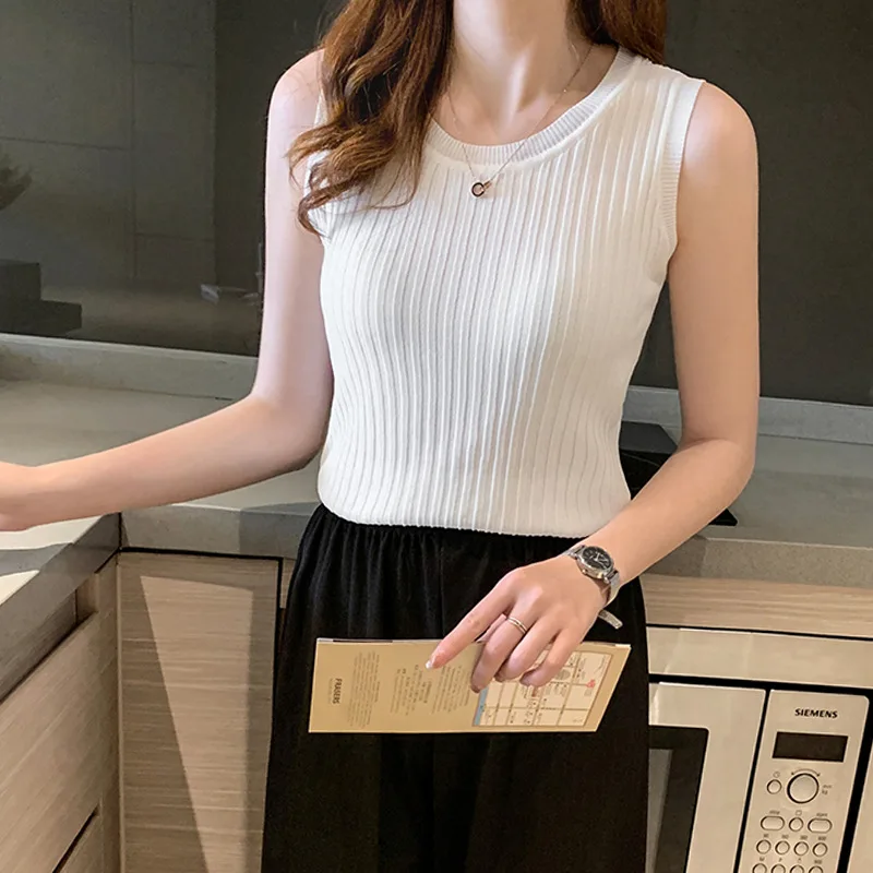 

Womens sweater spring and autumn self-cultivation sleeve ice silk t-shirt women thin base coat with sleeveless tights white