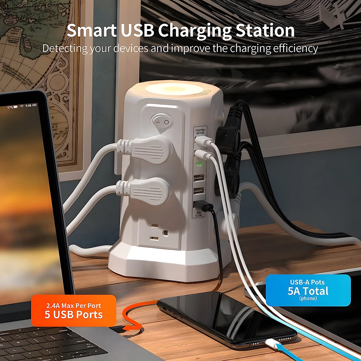 Мультиэлектрическая розетка 12 розеток 5 портов USB зарядка удлинитель 9 фута