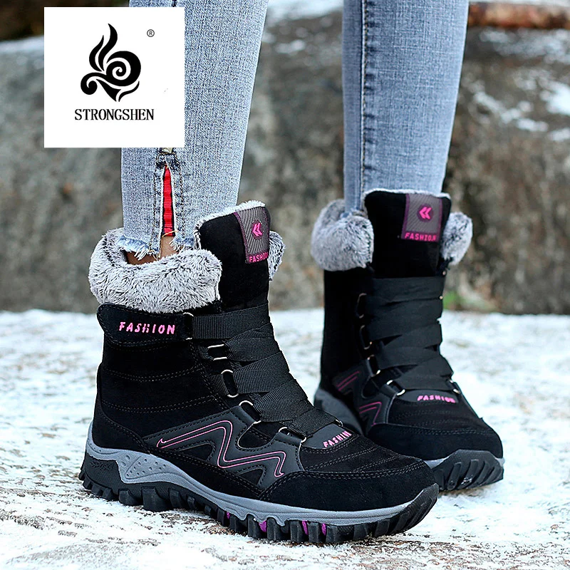 STRONGSHEN Women's Winter Snow Boots Warm Shoes With Fur Ladies Short Boots Waterproof Platform Plush Outdoor Walking Footwear