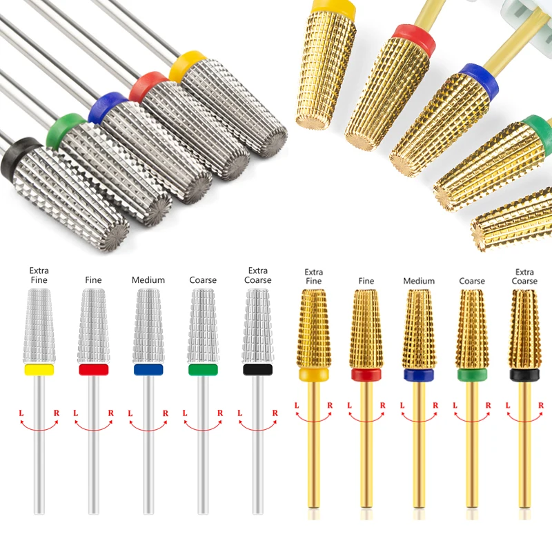 

10pcs 5 IN 1 Tapered Gold Carbide Nail Drill Bits Two-Way Carbide Bit Drill Accessories Milling Cutter For Manicure Gel Varnish