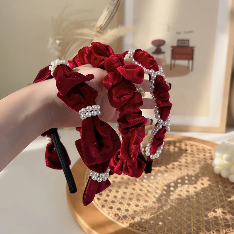 

HPUNK Retro French Red Velvet Pearl Bow Headbands Sweet Temperament New Year Hair Band Hair Hoop for Woman Girl Hair Accessories