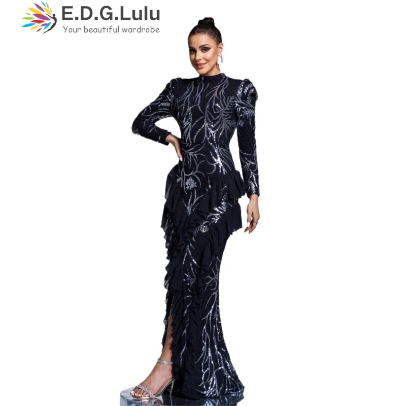 EDGLuLu с принтом и блестками в стиле пэчворк сетчатое длинное платье высоким