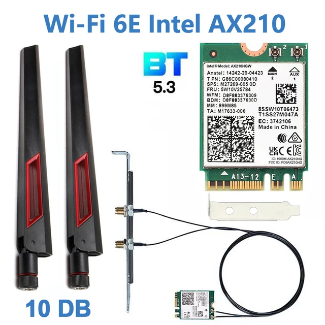Intel AX210 Wi-Fi карта 5374 Мбит/с Bluetooth 5,3 Wi-Fi 6E адаптер 2 в 1 комплект для настольного компьютера антенны 10DBi 802.11ax 2,4G/5 ГГц/6 ГГц для ПК