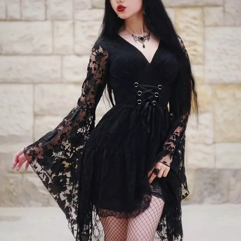 

Женское кружевное платье Goth с длинным рукавом, черное ажурное пляжное платье с V-образным вырезом и вышивкой, готическое платье макси, лето