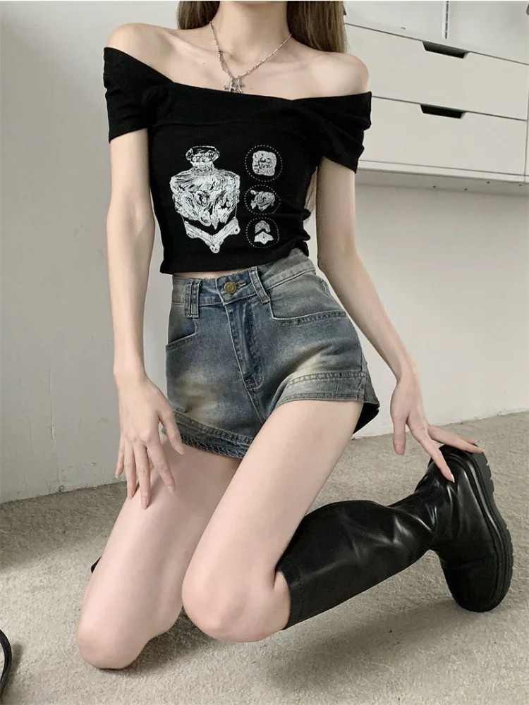 HOUZHOU Vintage Kpop Jeans Shorts Korean Style High Waist Distressed Denim Short Pants Female Harajuku Streetwear American Retro