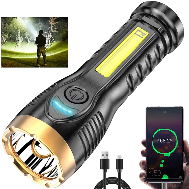 

High Power Led Flashlights Torch USB Rechargeable Mini Portable Camping Lamp Built-in Battery with COB Light and Tail Magnet