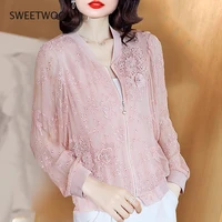thin jacket women pink thin outerwear 2022 summer flower embroidery long sleeve loose office lady tops pink women39s outerwear