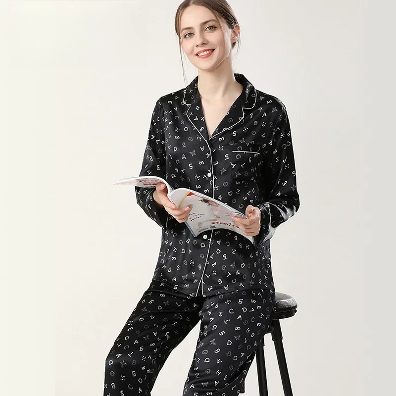 100% шелковый женский пижамный комплект атласная одежда для сна с принтом рубашки