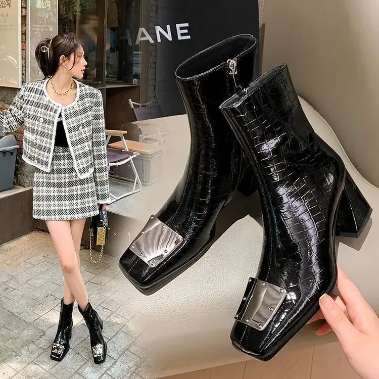 Modern Boots Thick Heel Square Toe Waterproof Non-slip Inner Zipper Autumn and Winter Fashion Shoes for Women 2022 New