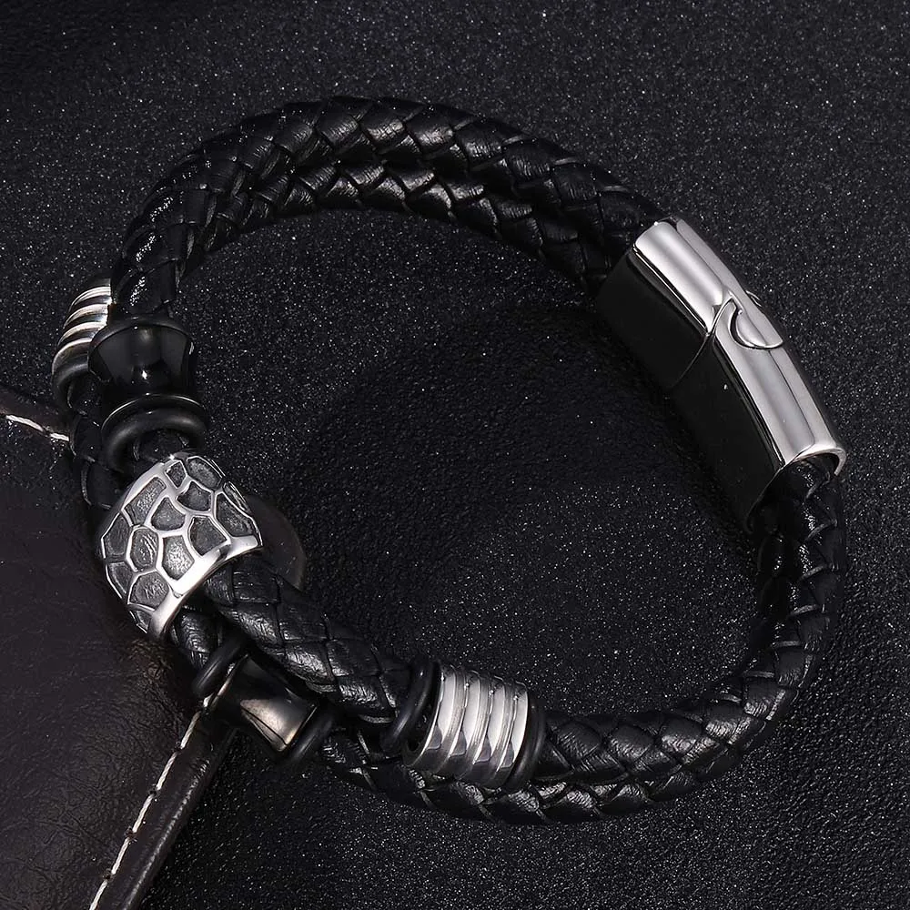 

Black Genuine Leather Braided Double 6mm Bracelet for Men Stainless Steel Accessories Bangles Male Fashion Jewelry Gifts