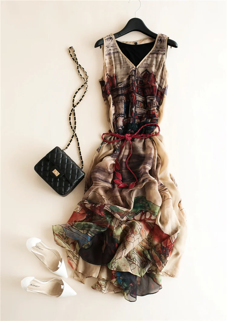 

Real Silk Women's Dress 2022 Summer Vintage Print Sleeveless Long Dresses Elegant Party Evening Vestido De Mujer Woman 01