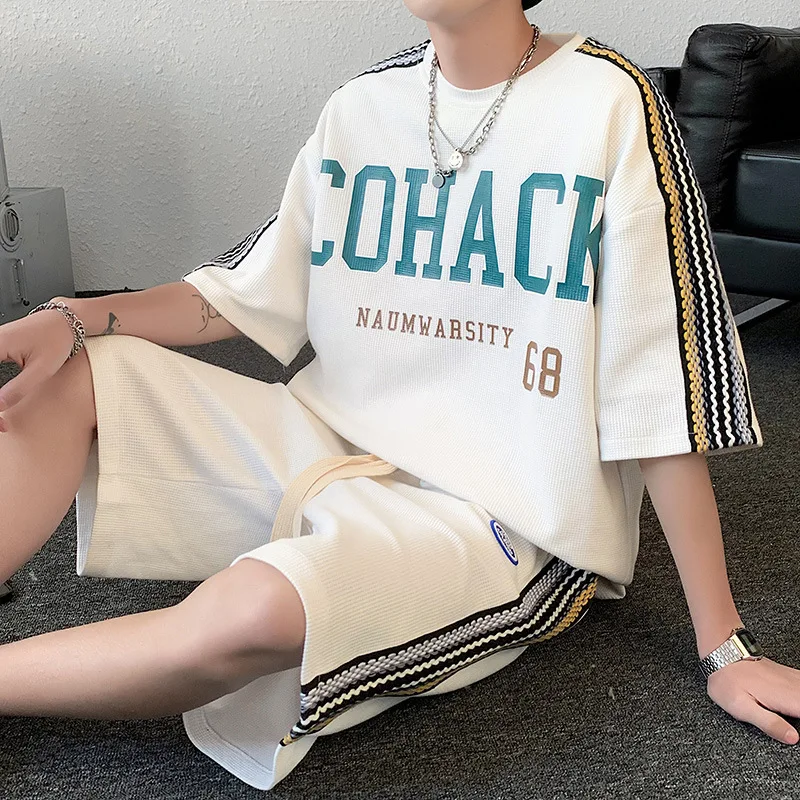 Men's Set 2 Pieces Summer Shorts and T-Shirt with Side Tape New in Matching Sets Short Sleeve Tee Sports Tracksuit Luxury Suit