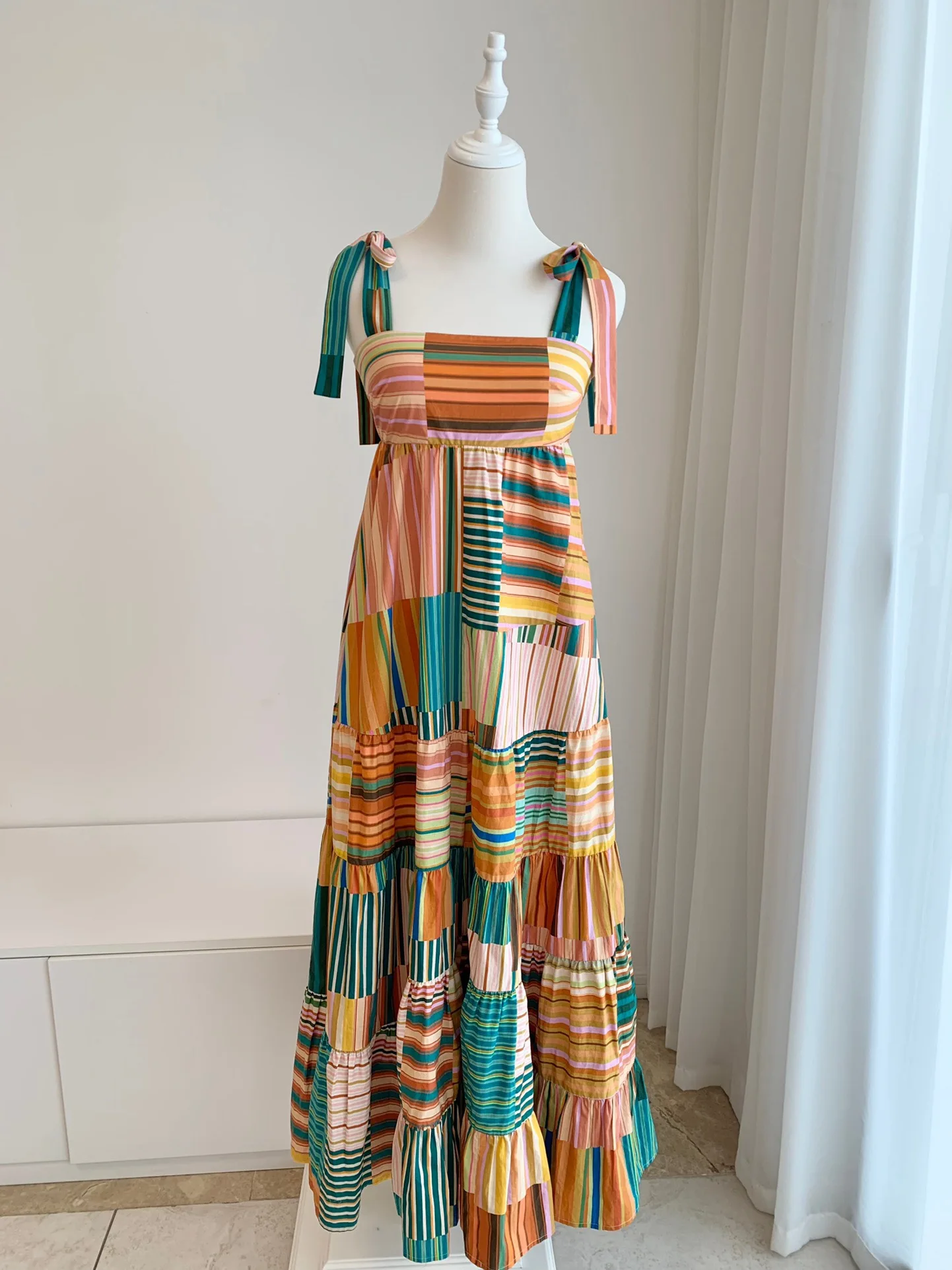 

Women Multicolor Striped Patchwork Organic Cotton Big Swing Sling Dress