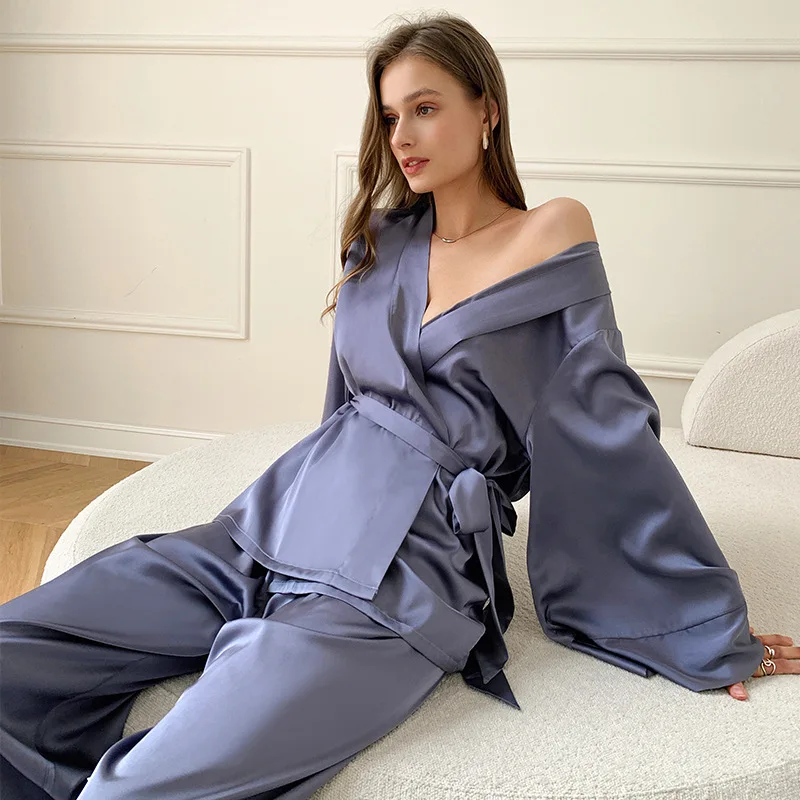 Women Robes with Sashes Set Wrist Sleep Tops Satin Pants Loose Pajamas Casual Sleepwear Female Home Suits