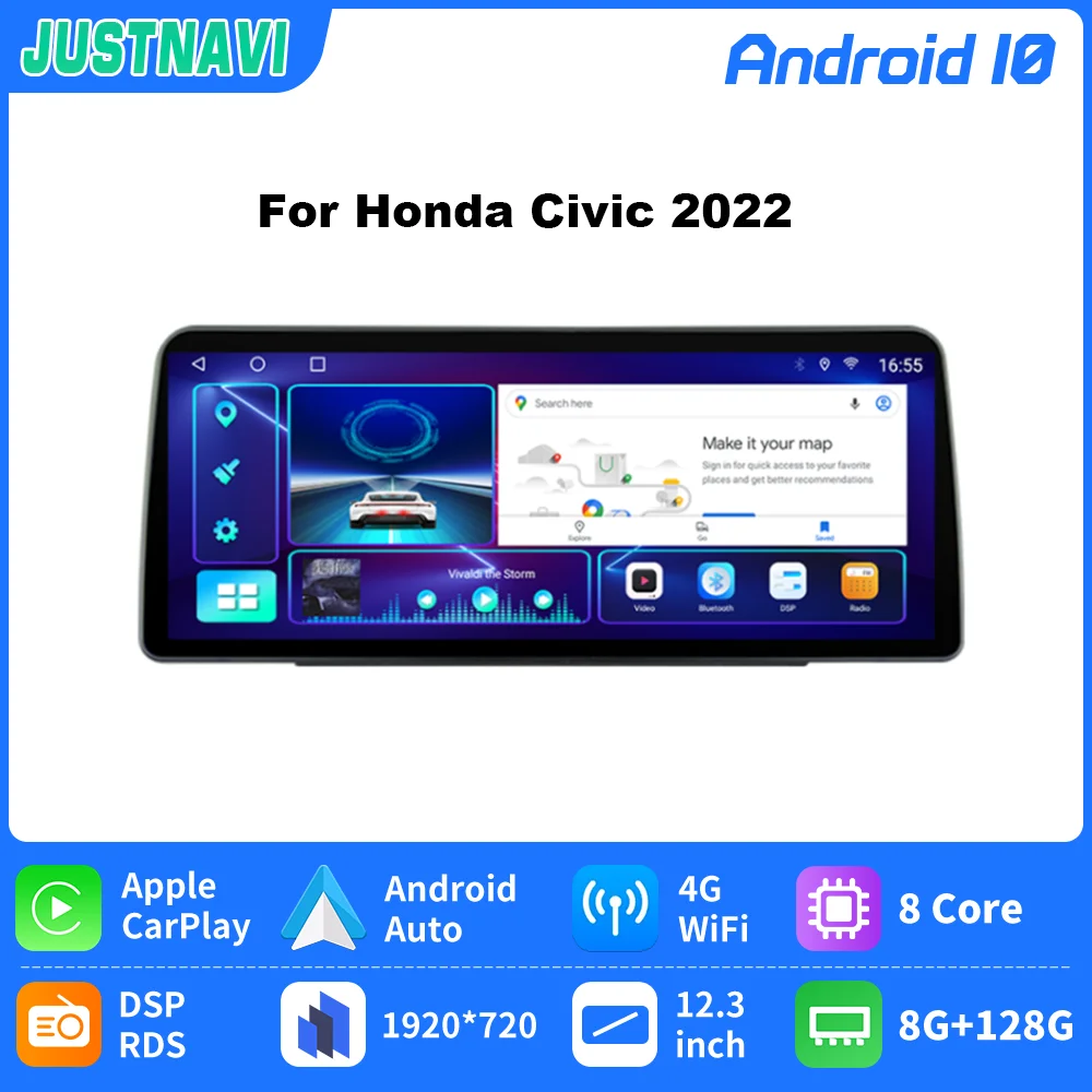 

Автомагнитола JUSTNAVI, стерео, мультимедийный проигрыватель 12,3 дюймов для Honda Civic 2022, навигация Android, Авторадио, видео DSP плеер 1920*720