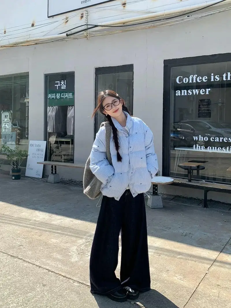 Корейская серия синее хлопковое стеганое пальто с бантом в полоску для женщин