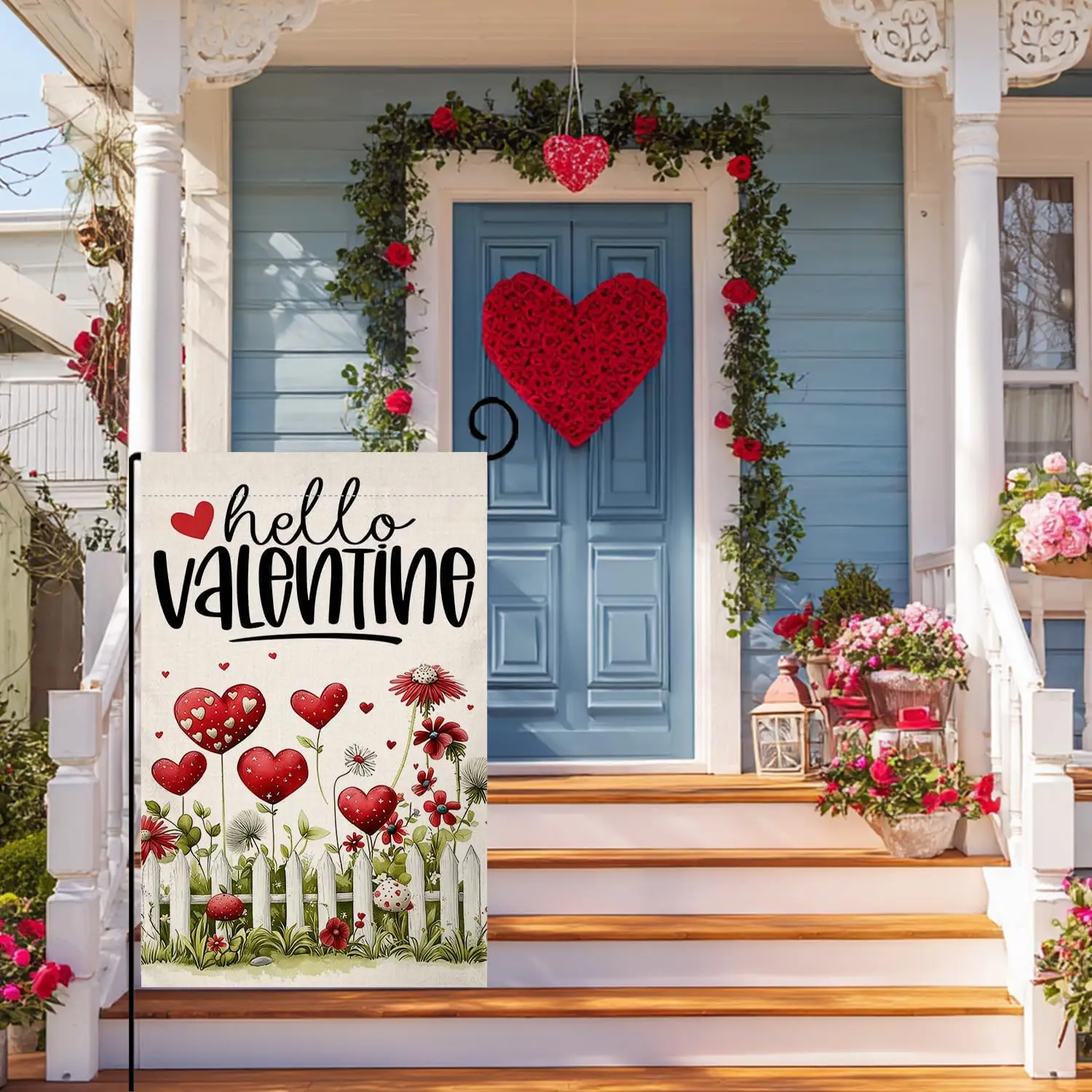 Фото Флаг BLKWHT Valentines Love Floral Garden 12x18, вертикальный, двусторонний, с красными цветами, для весеннего декора фермерского дома, для улицы, SSL №2