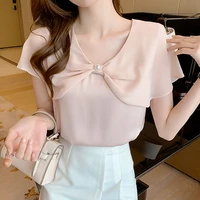 female korean fashion beading ruffles casual chiffon shirt summer womens clothing all match o neck patchwork solid color blouse