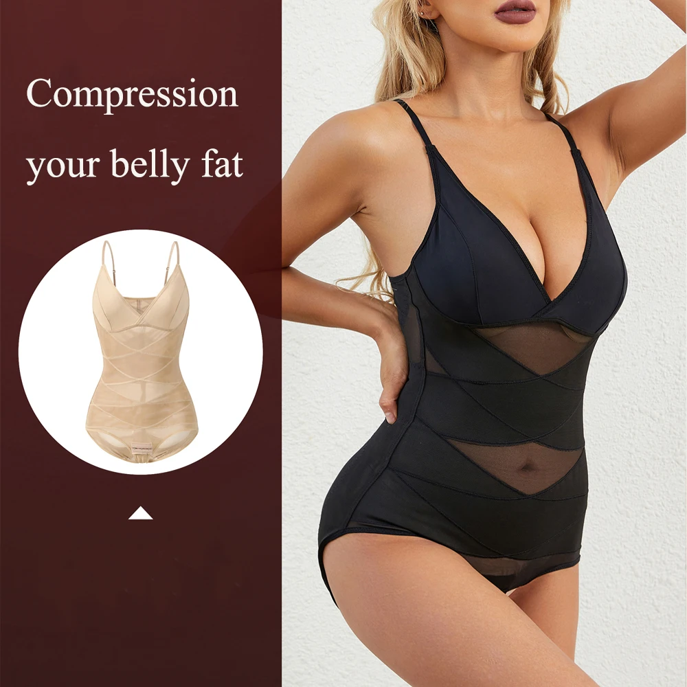 Shapewear Bodysuit Women V Neck Slimming Control Bodysuit Firm Waist Trainer Body Shaper Bodysuit Belly Control