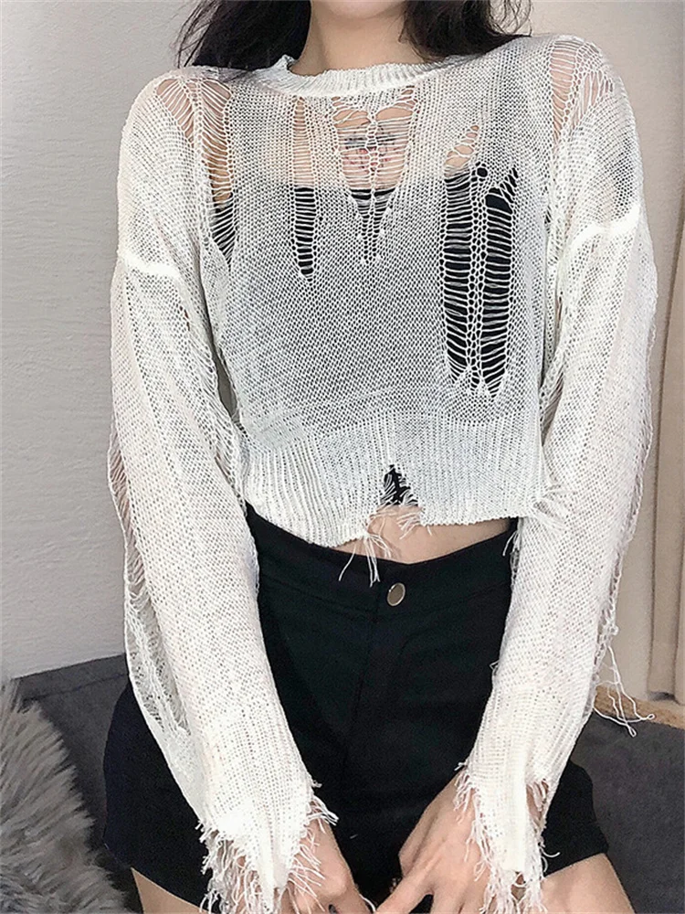 

Hirigin Y2K темные академические вязаные винтажные пуловеры Harajuku гранж ажурные укороченные топы свитеры накидка E-girl Готический 2022