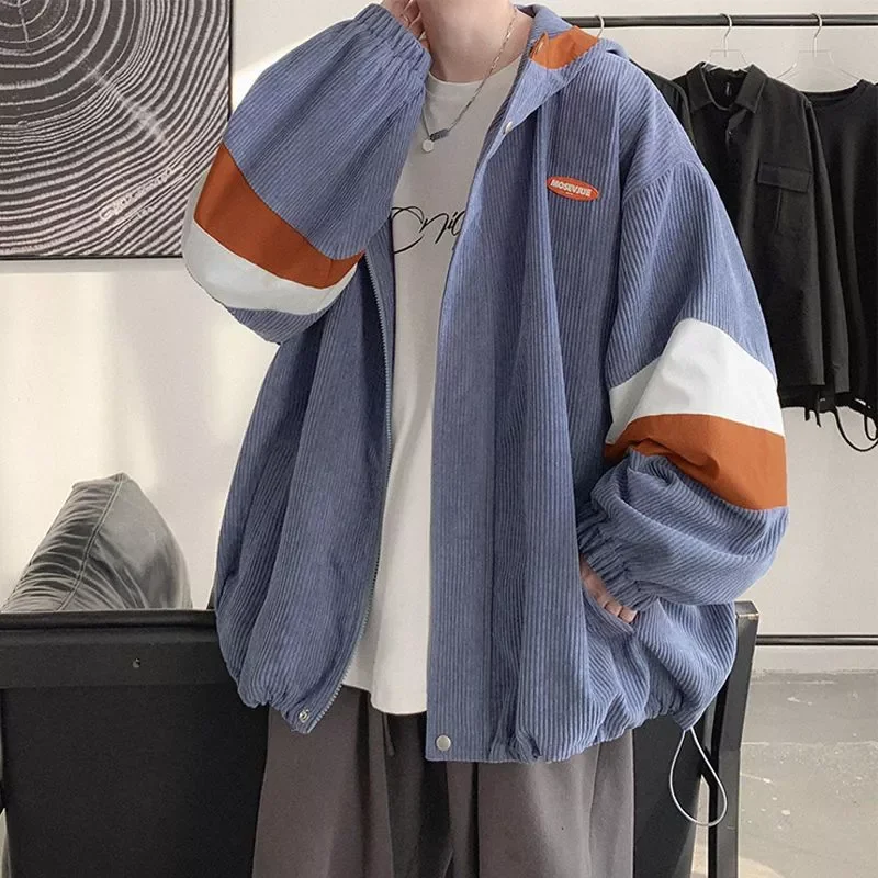 

2022 Spring Autumn Men's Jacket Contrast Color Cardigan Hooded Corduroy Coat Unisex Korean Style Trendy Handsome Varsity Jacket