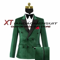 gold velvet mens suit double breasted jacket groom wedding tuxedo formal point lapel blazer pants 2 piece
