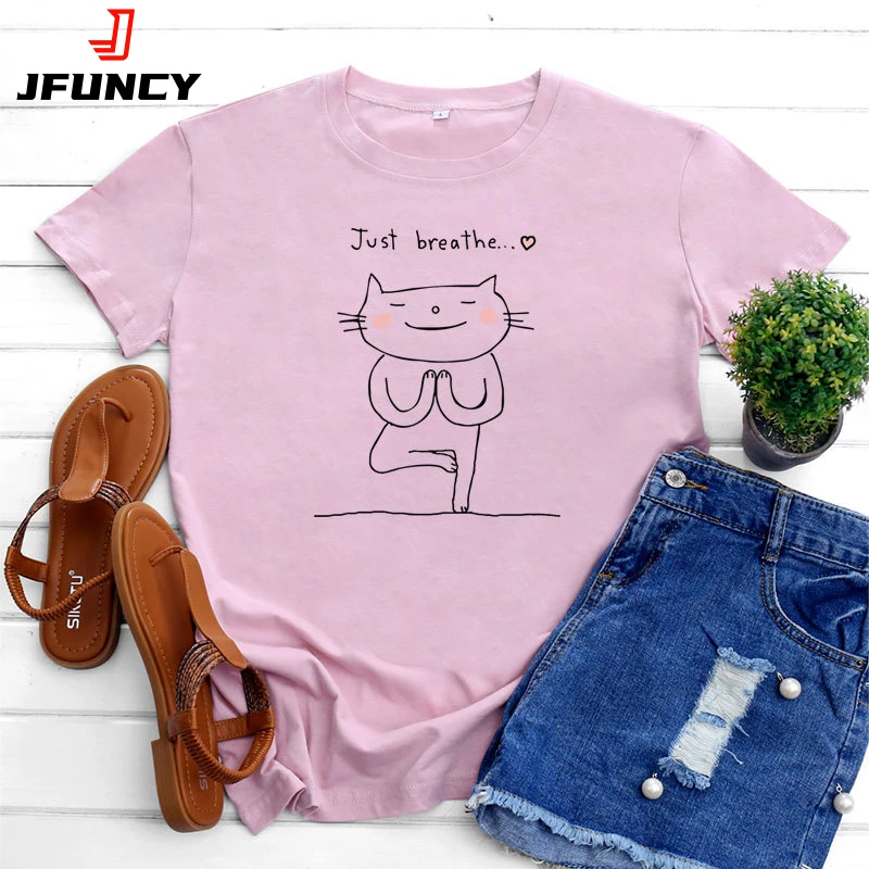 JFUNCY Oversized Tshirt Women Tops 2022 Summer Cotton T-shirt Short Sleeve Cute Cat Harajuku Graphic Tee Shirt Female Clothing