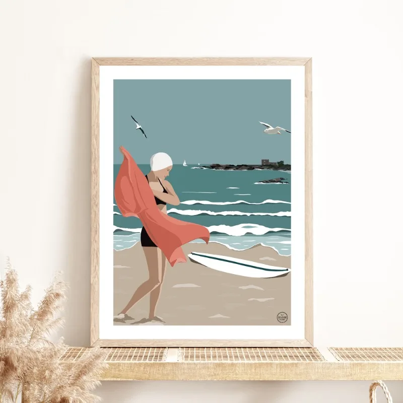 Плакаты и принты для пляжа серфинга девушка маяк парусник берег чайки холст