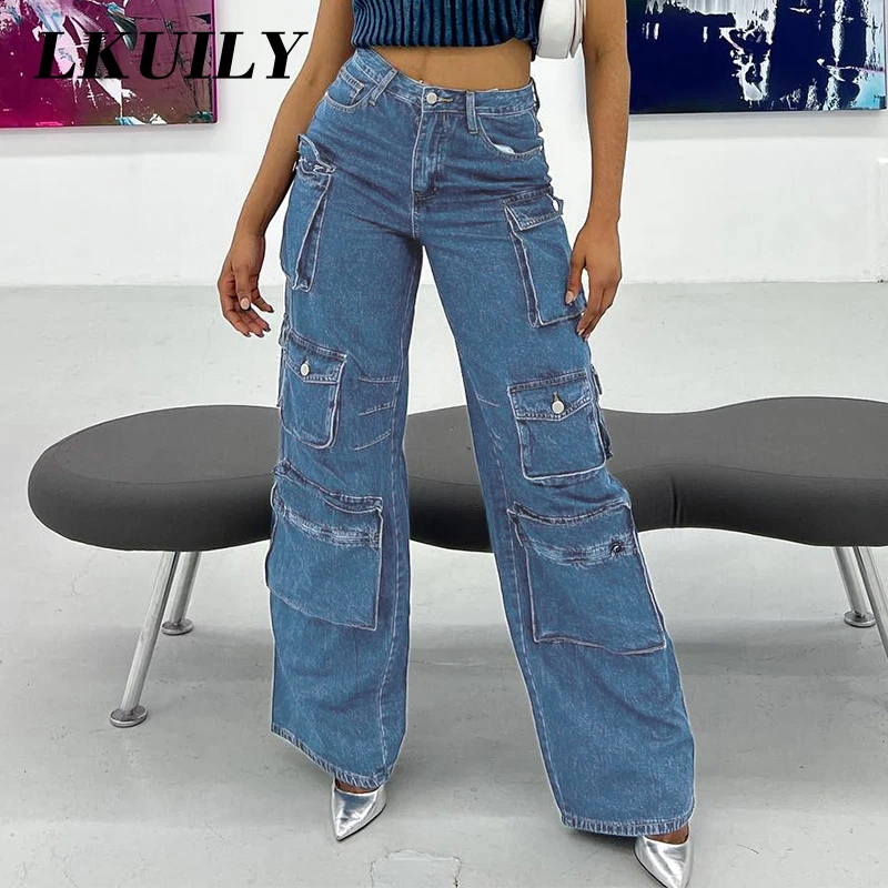 

Vintage Aesthetics cargo Jeans Women Y2K Streetwear zipper Pockets Casual Straight Pants Fashion Wide Leg Trousers Overalls 2022