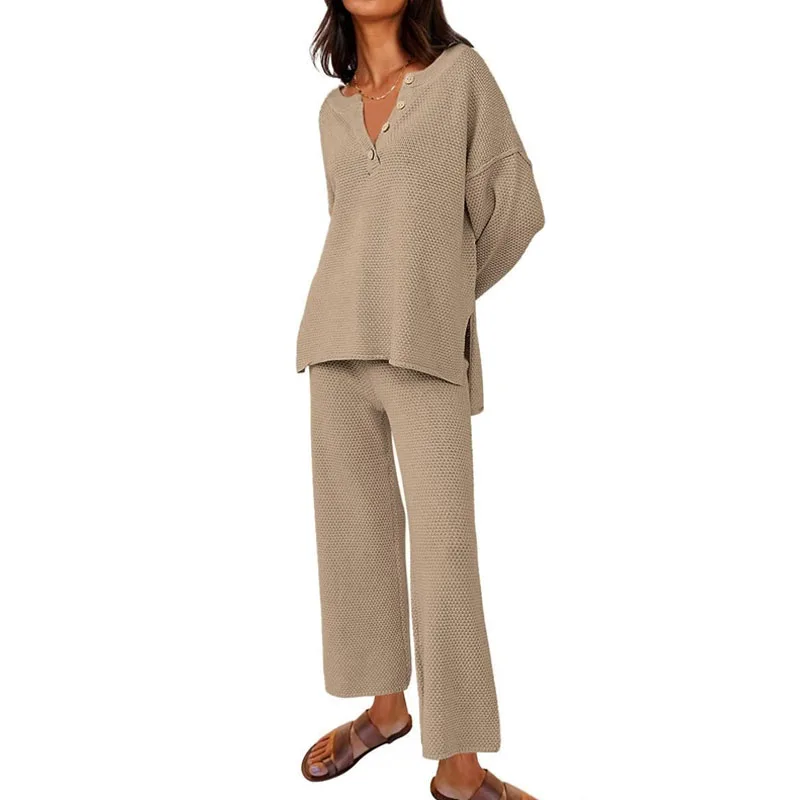 

Soft Confort Loose Sweatshirt Pullover And Waffle Kniting Pants Suit Pajamas Women Casual Set Autumn Winter Knitted Set Homewear