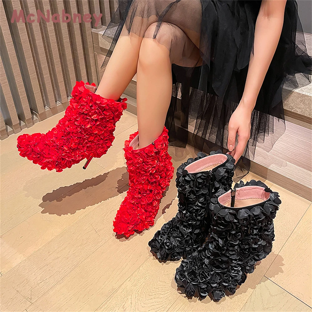 New Style Sexy High Heels Ankle Boots Women Stiletto Boots Autumn Winter Wedding Shoes Red Rose Flower Female Pointed Toe Boots