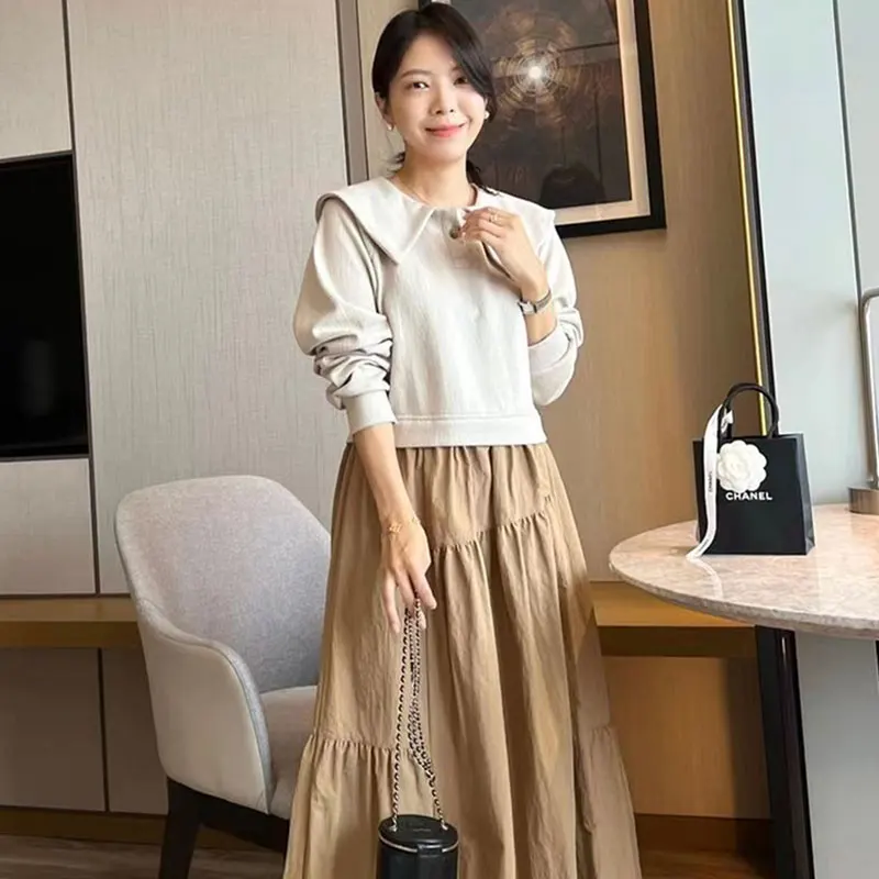 

Женское милое платье-свитшот Clothland, повседневные платья средней длины с высокой талией и длинным рукавом в Корейском стиле QB541