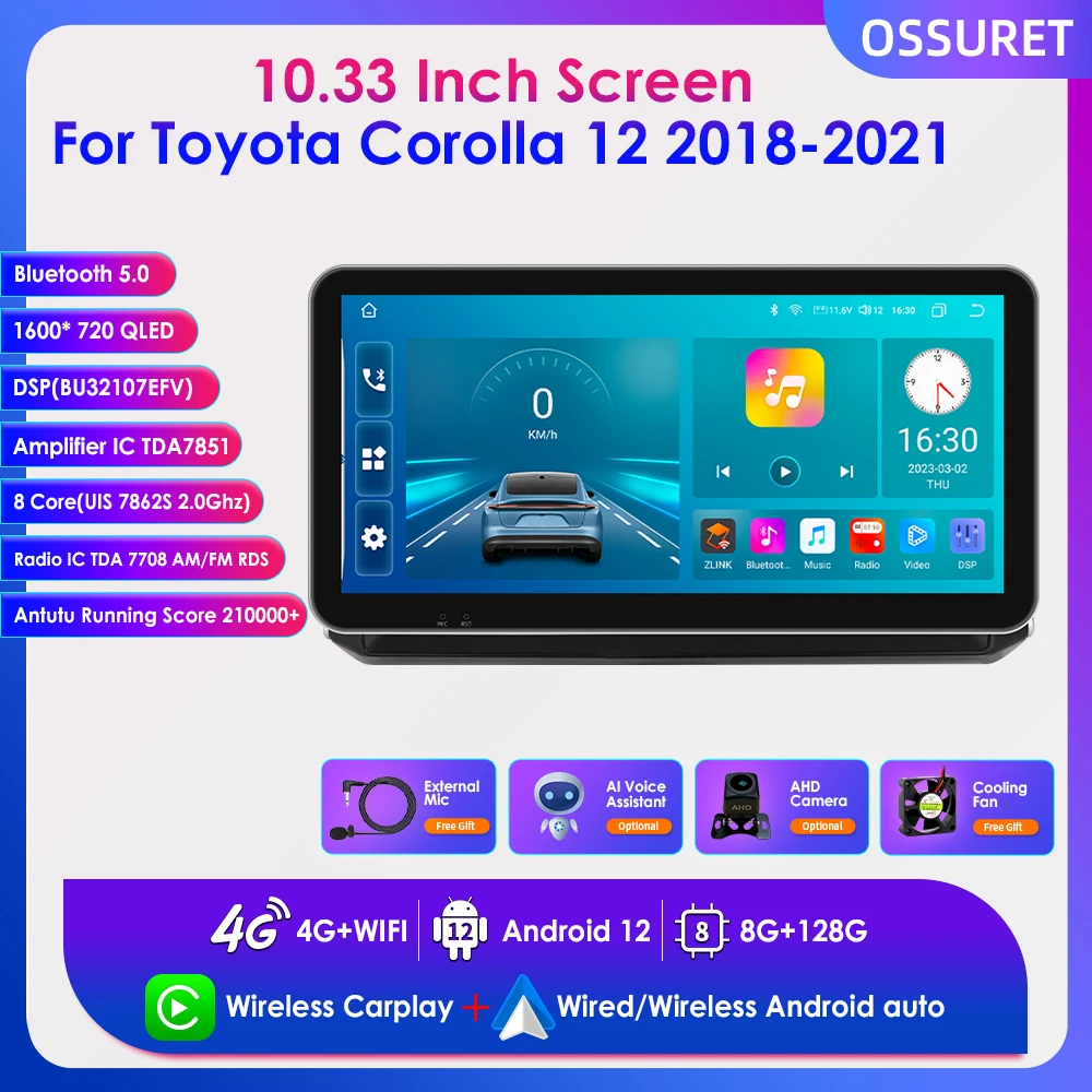 10.33" Autoradio 2 Din Android 12 for Toyota Corolla 2018 - 2021 Carplay Screen Car Multimedia Player Stereo GPS Navigation Link