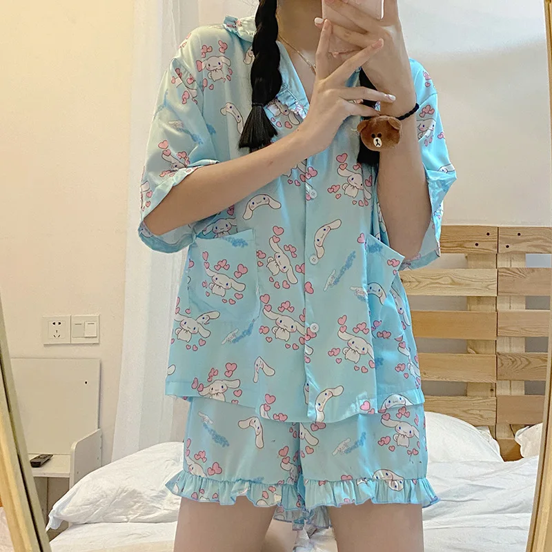 

Sanrio Anime Kuromi Melody Cinnamorol Spring Summer Women's Pajama Set Thin Short Sleeve Women's Loose Casual Homewear