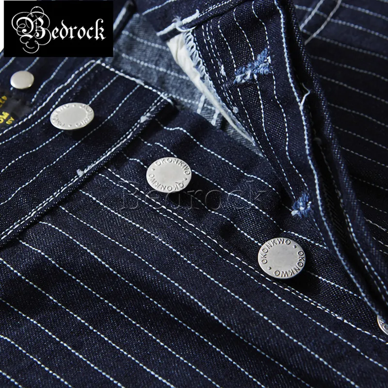 15oz denim straight loose wide-leg primary color jeans railway blue striped overalls suspenders men Amekaji motorcycle overalls