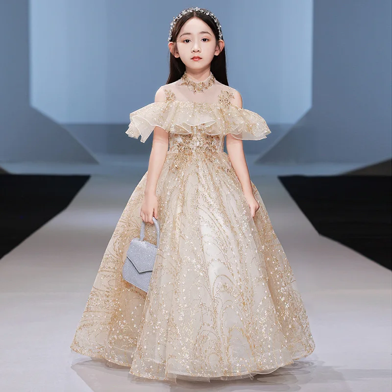 

Children's evening dress high-end princess skirt champagne color birthday dress host girl piano performance dress