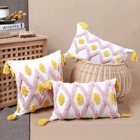 bohemian tufted cushion cover pink geometric tassel pillowcase cotton thread embroidery sofa waist pillow covers home furnishing
