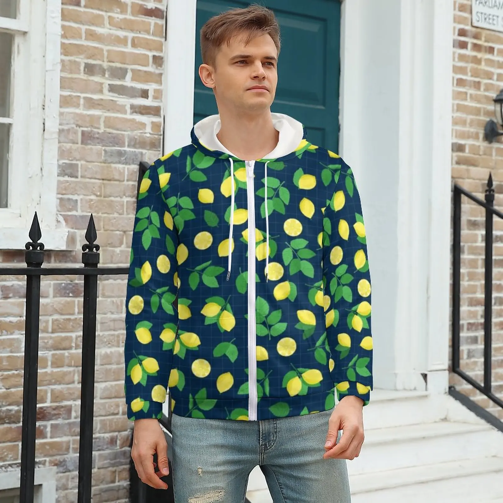 

Lemon Life Hoodies Green Leaves Print Polyester Zip Up Hoodie Popular Winter Hoodie Over Size