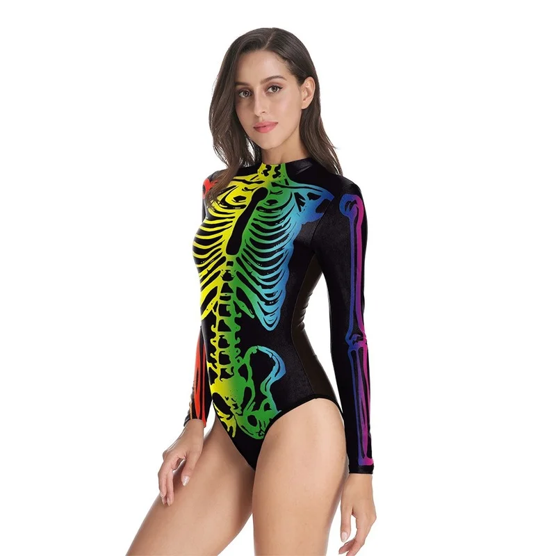 Halloween Carnival Colorful Skeleton Print Women's Tight Gymnastics Suit Long Sleeved Swimsuit Women's Horror Costume