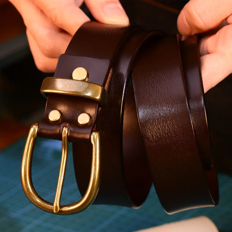 Vintage Luxury Handmade Leather Designer Copper Buckle Men's Belt Cowhide Retro All-match Casual Jeans Soft Belt