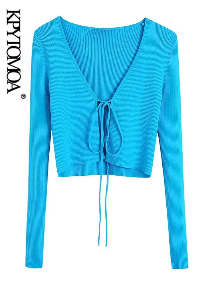 

KPYTOMOA Women Fashion Front Tied Cropped Ribbed Knit Cardigan Sweater Vintage V Neck Long Sleeve Female Outerwear Chic Tops