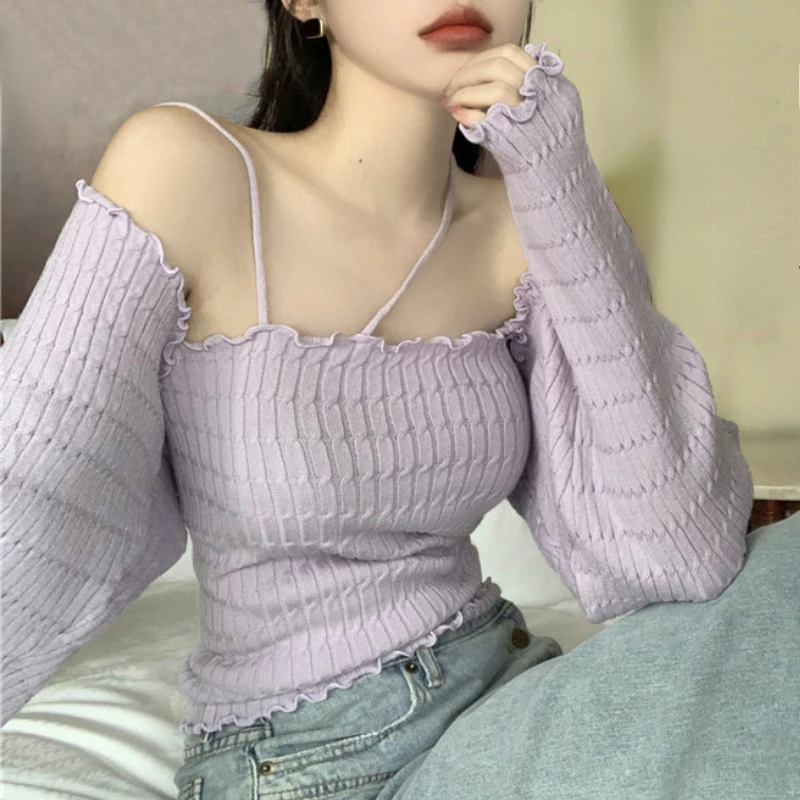 

Sweet Fungus Edge Long-sleeved Knitted Cardigan 2-piece Set Women's Autumn White Chic Vest Tops Camisole