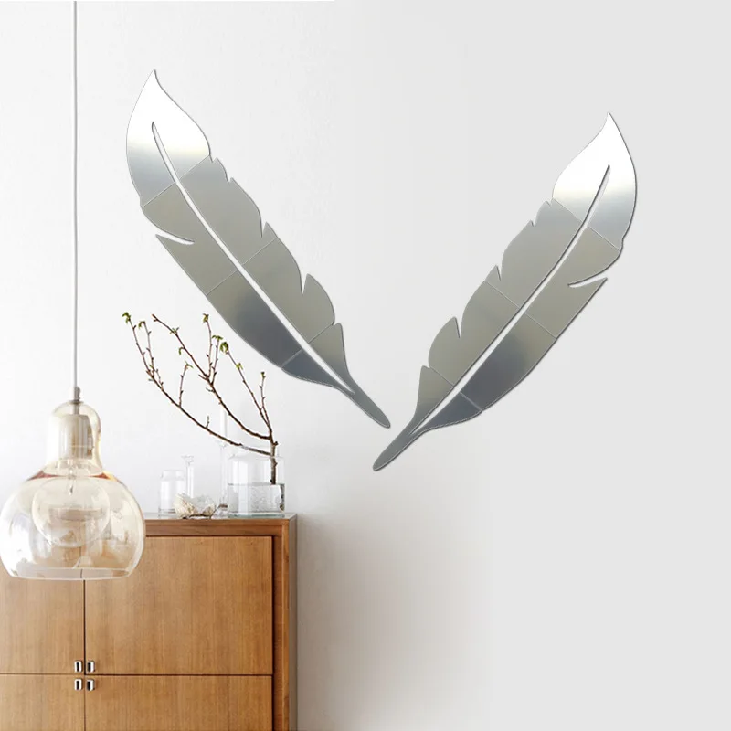 

Home Gold Silver Feather Wall Stickers Full-Length Mirror Self-Adhesive 3d Stereo Window Stickers Wall Decals Room Interior