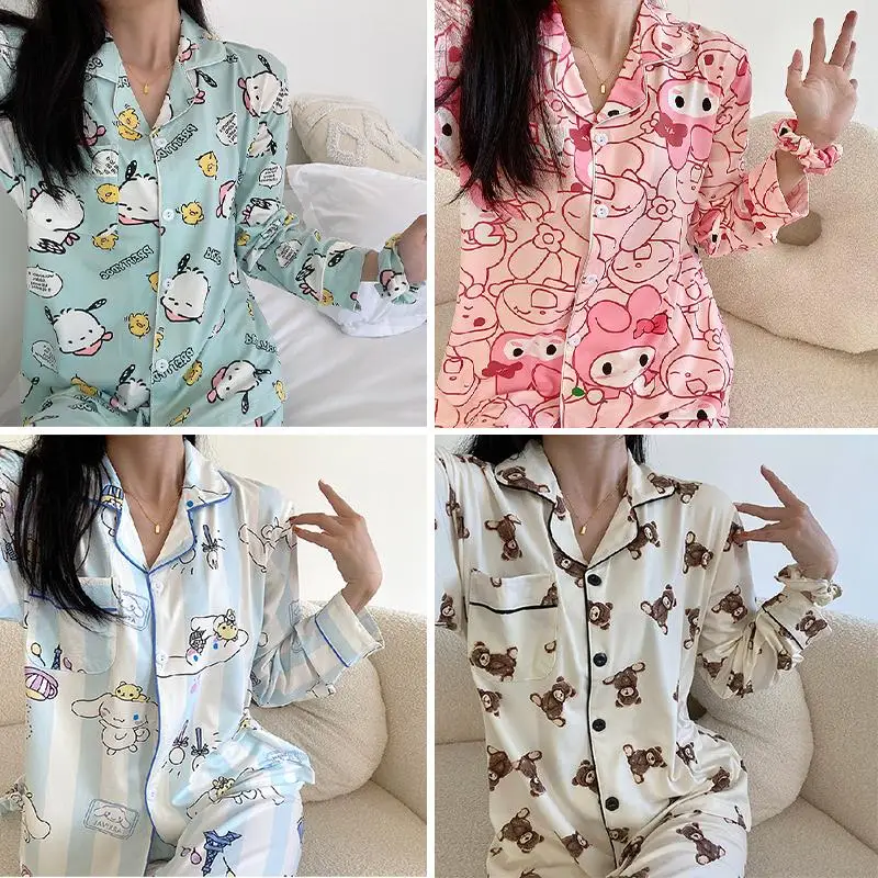 

Long-Sleeved Pajamas Anime My Melody Cinnamoroll Pochacco Spring Cute Homewear Set Lapel Breathable Stretch Casual Girls