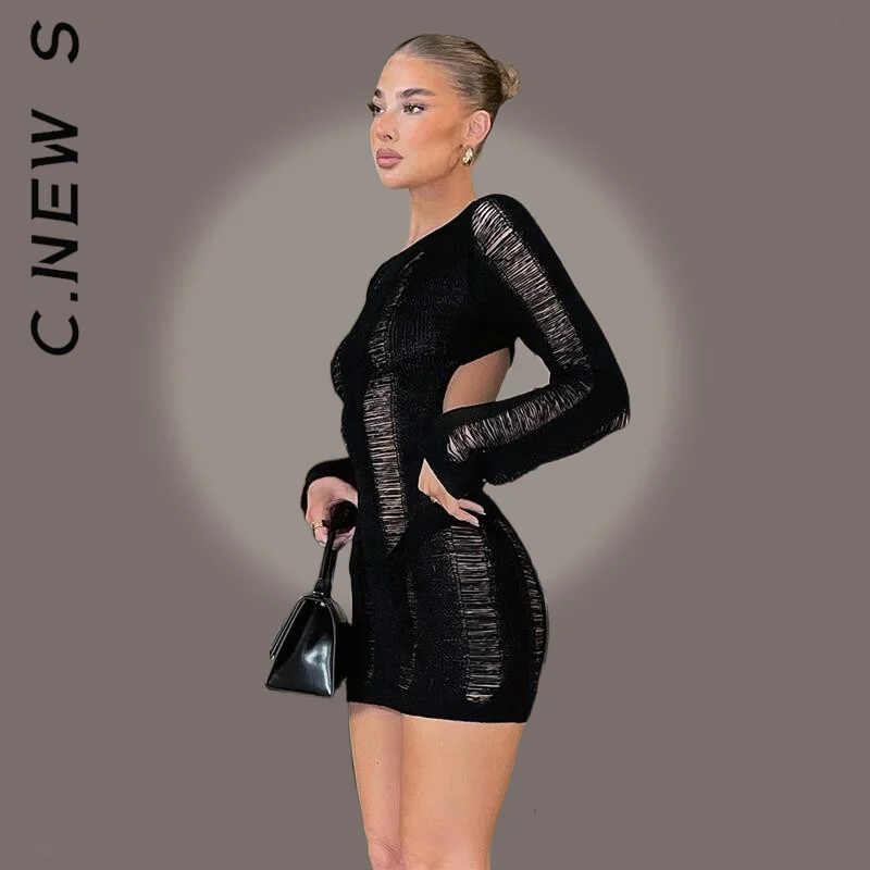 

C.New S Fashion Backless Black Long Sleeve Mini Bodycon Dresses Streetwear Club Elegant Dresses Elastic Clothing Female