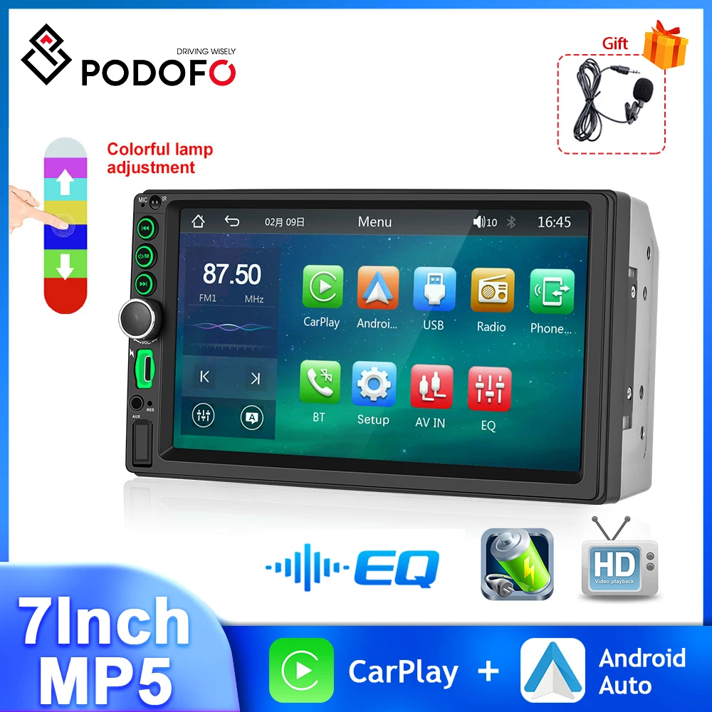 

Podofo 2din Car Player 7 " Mp5 Universal Multimedia Radio Carplay Android Auto HD Touch Screen Car Stereo BT USB TF FM Autoradio