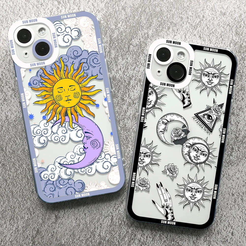 

Funny Sun Moon Face Phone Case for iPhone 14 11 13 12 Pro Max XR X XS 8 7 6 6S Plus Mini Clear Cover Angel Eyes Funda