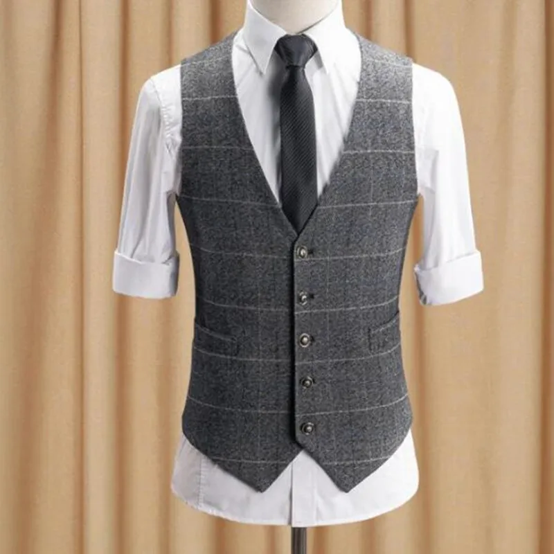 

Men Plaid Suit Vest Grey Casual Waistcoat For Men Wedding Vest Dress Vest High Quality Plus Size S- 5XL 6XL