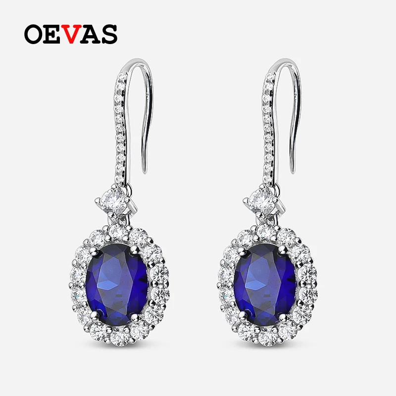 

OEVAS 100% 925 Sterling Silver 7*9mm Oval Synthetic Sapphire Drop Earrings For Women Sparkling Wedding Party Fine Jewerly Gift